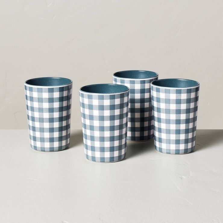 4pk 12oz Gingham Bamboo-Melamine Tumbler Set Blue/Cream - Hearth & Hand™ with Magnolia | Target