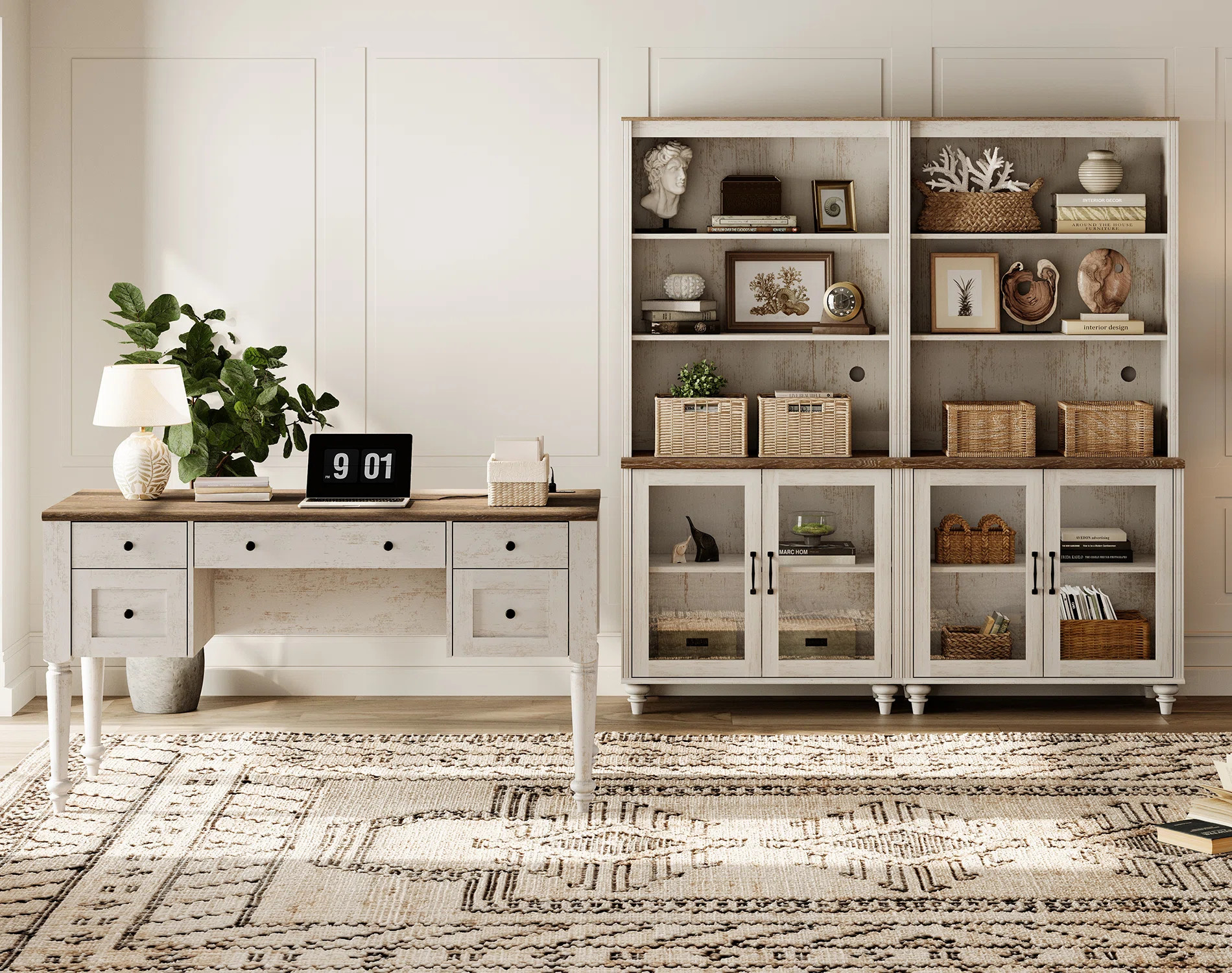 2 - Piece Office Set, 56" Executive Desk & Set Of 2 Bookcases With Glass Doors, Rustic White | Wayfair North America
