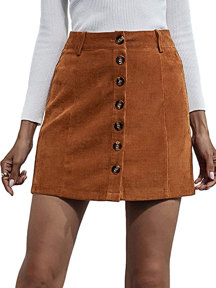WDIRARA Women's Mid Waist Corduroy A-line Slim fit Button Casual Mini Skirt | Amazon (US)