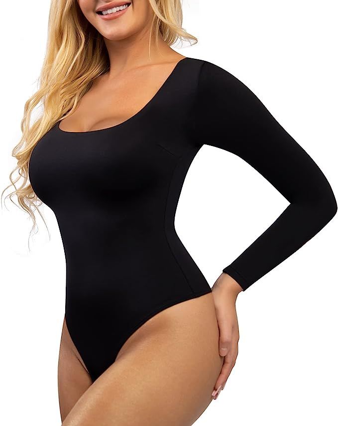 Popilush Square Neck Bodysuit for Women Long Sleeve Thong Shapewear Built In Bra Basic Jumpsuit C... | Amazon (US)