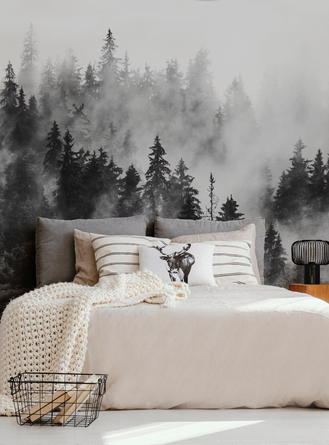 Morning Forest Fog Mural Wall Covering | Black and White | Peel 'n Stick or Unpasted Wallpaper Mu... | Etsy (US)