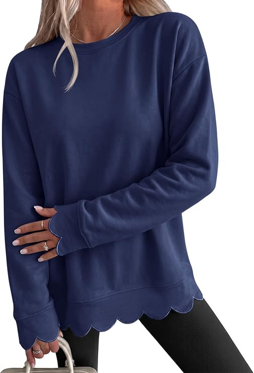 Fisoew Womens Oversized Crewneck Sweatshirts Scalloped Casual Pullover Tops | Long Sleeve, Comfy,... | Amazon (US)