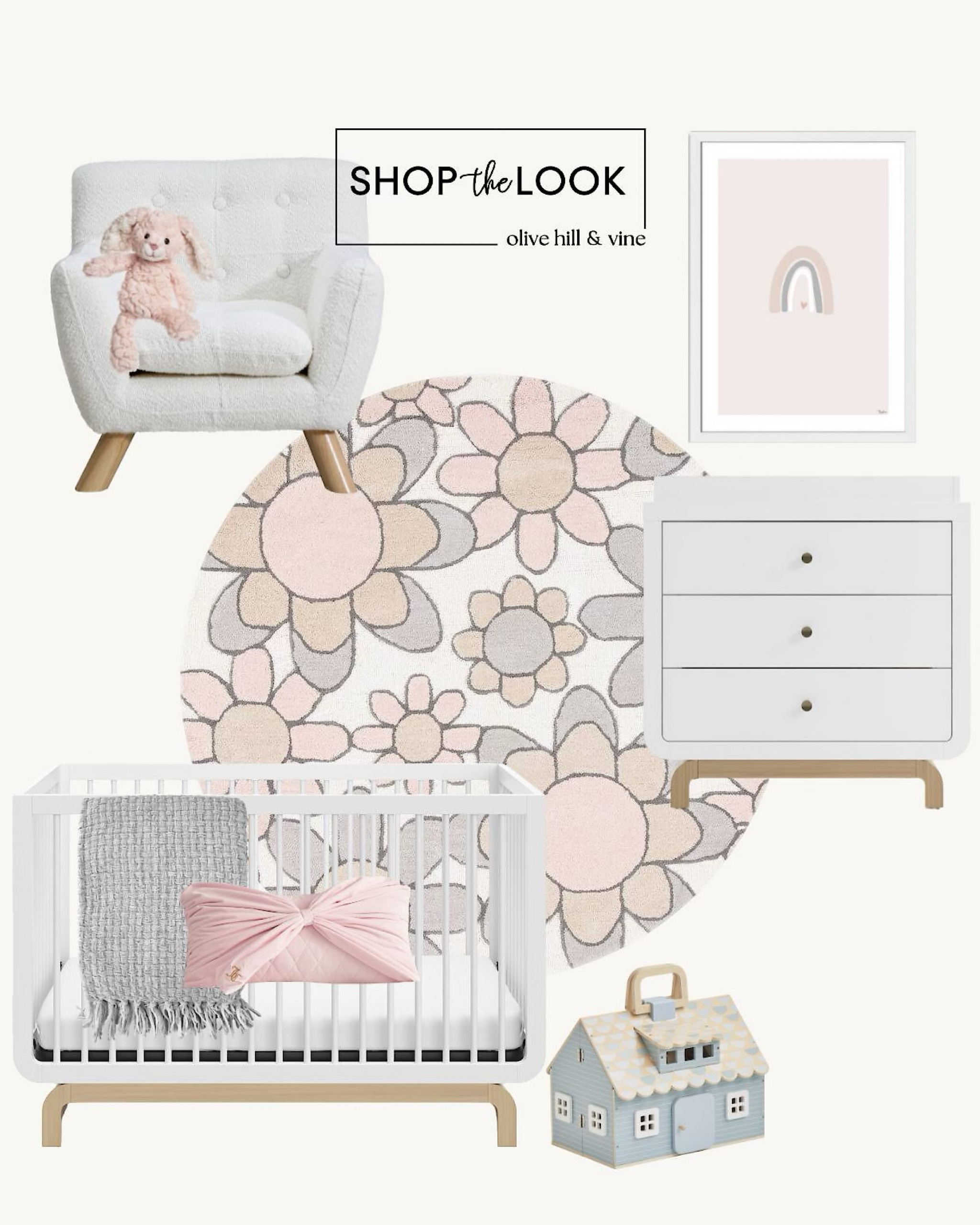 A nursery design that has our hearts! Soft white furniture is grounded by warm wood tones, creating a serene space. Rounded edges and subtle curves shine in the convertible crib, dresser, and boucle chair. Sweet details like a floral rug, velvet bow pillow, and plush bunny make it extra special. 

#LTKBump #LTKHome #LTKBaby