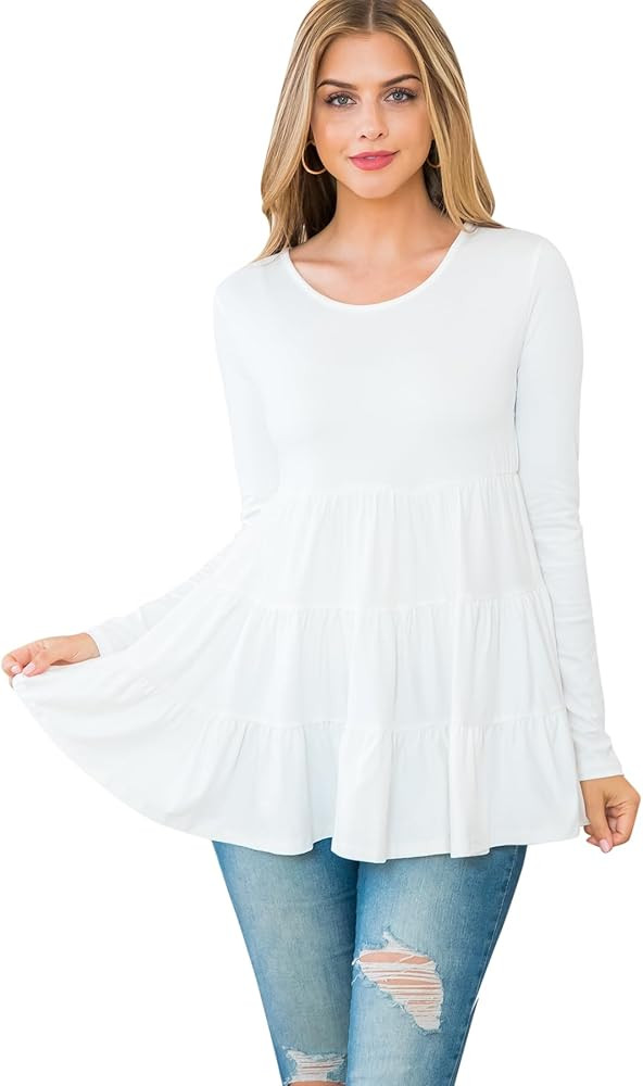 RIAH FASHION Casual Ruffle Hem Loose Peplum Top - Flowy Pleated T-Shirt Tunic Long Sleeve Plaid, ... | Amazon (US)