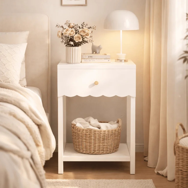 Modern White Nightstand with Drawer and Open Shelf,Scalloped Edge Bedside Table for Bedroom, Cute... | Walmart (US)