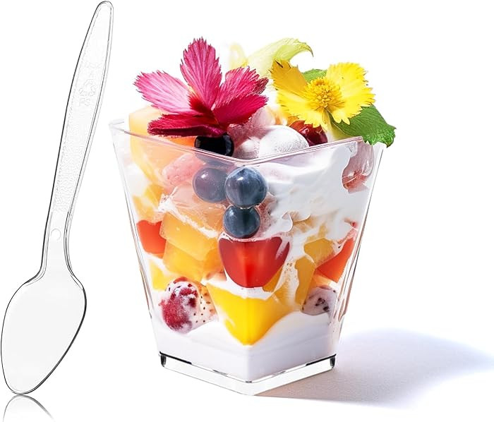 50 Pack 5 oz Square Dessert Cups with Spoons, Clear Plastic Parfait Cups for Party, Mini Serving ... | Amazon (US)