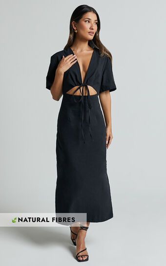 Sharon Midi Dress - Plunge Neck Short Sleeve Front Cut Out Dress in Black | Showpo (US, UK & Europe)