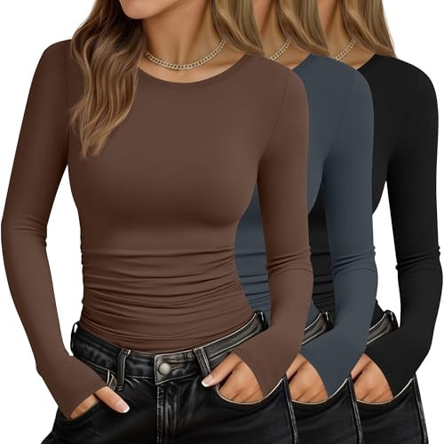 Velvelhall 3 Pack Women's Long Sleeve Shirts Crew Neck Slim Fit Side Ruched Basic Tees Casual Stretchy Going Out Tops(Coffee, Dark Gray, Black,Small) | Amazon (US)