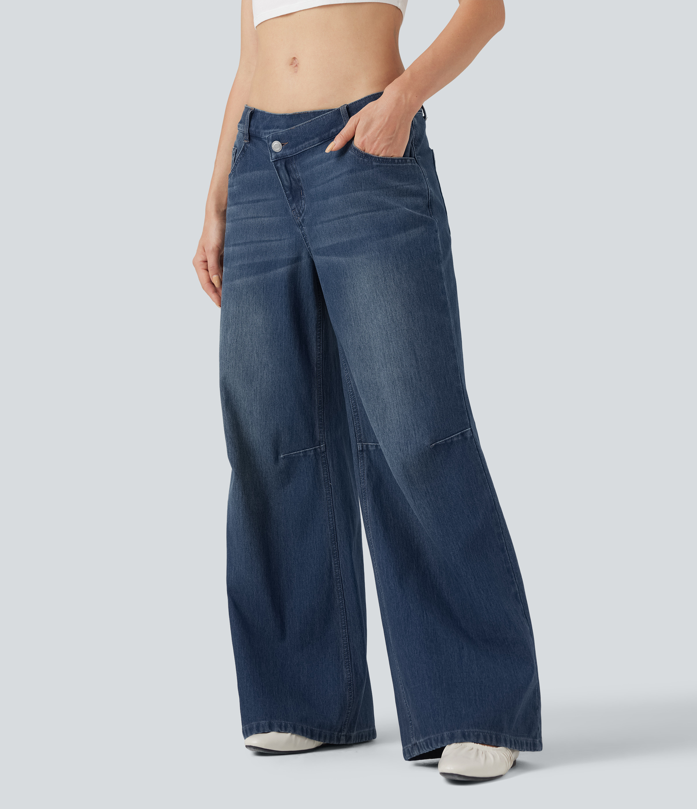 Halara Halara Flex™ Low Rise Asymmetric Waist Casual Baggy Jeans with Pockets - Estate Blue Denim - XL(regular) | HALARA
