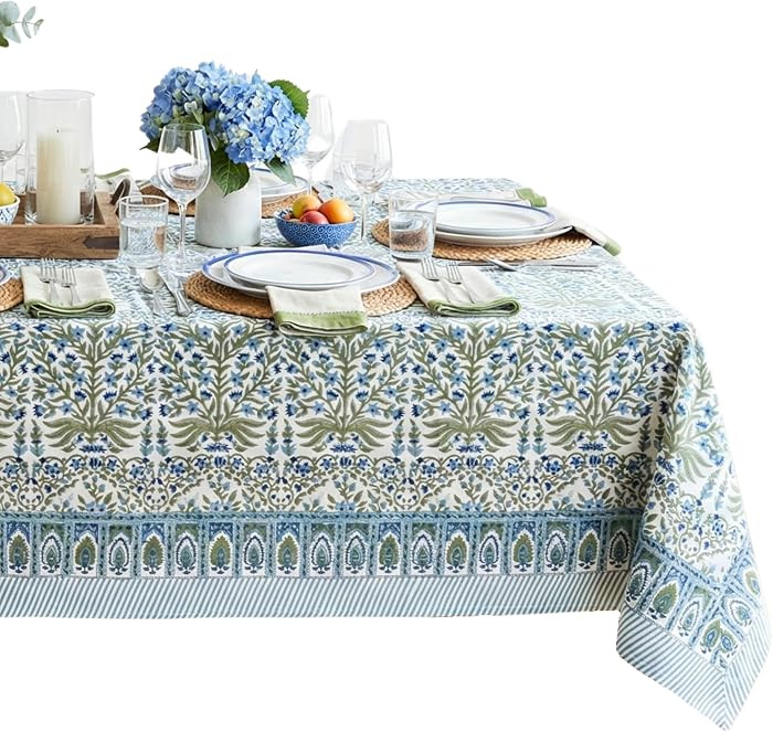 Nargis Blue 100% Cotton Rectangle Summer Tablecloth, Indian Block Print Floral Table Cloth I Dini... | Amazon (US)