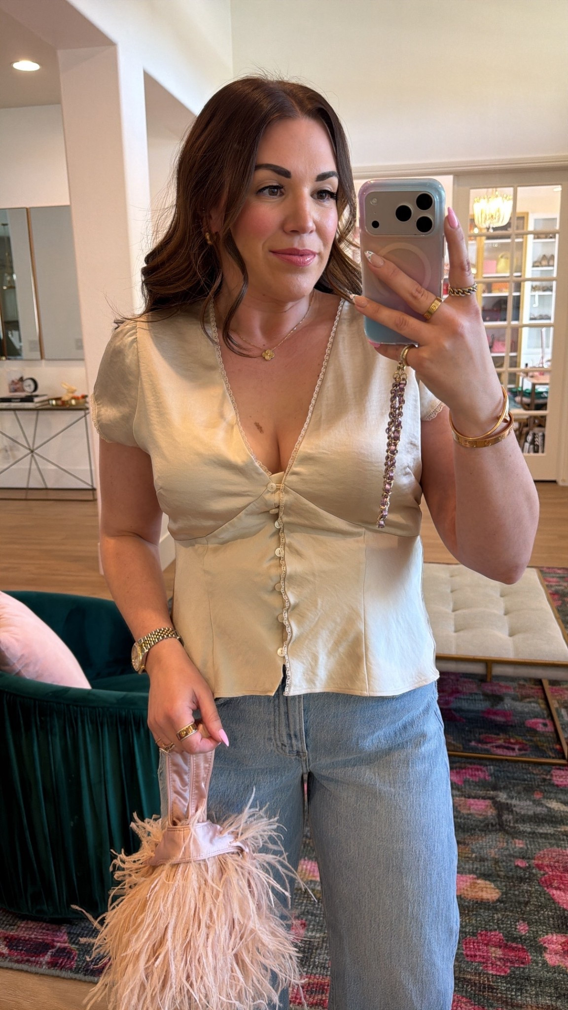 curvy midsize spring outfit! wearing size large in beige satin top and size 29 in light wash barrel denim. currently 25% off! 

#LTKSpringSale #LTKMidsize #LTKSeasonal