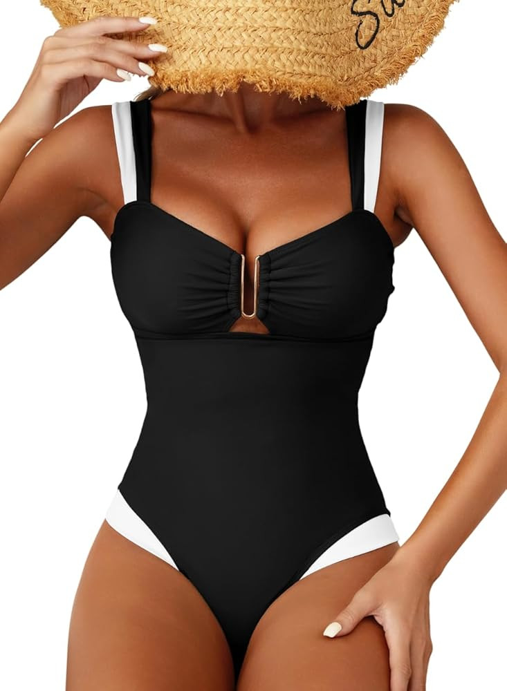 Herseas Women's Two Tone Patchwork One Piece Swimsuit U Hardware Cutout Bathing Suit | Amazon (US)