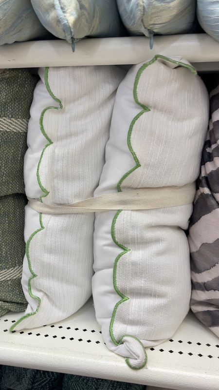 New white with green trim scalloped throw pillows!! Now available to shop online!! 😍🙌🏻 Perfect for Spring & Summer! 💚🤍

#LTKhome #LTKVideo #LTKfindsunder50
