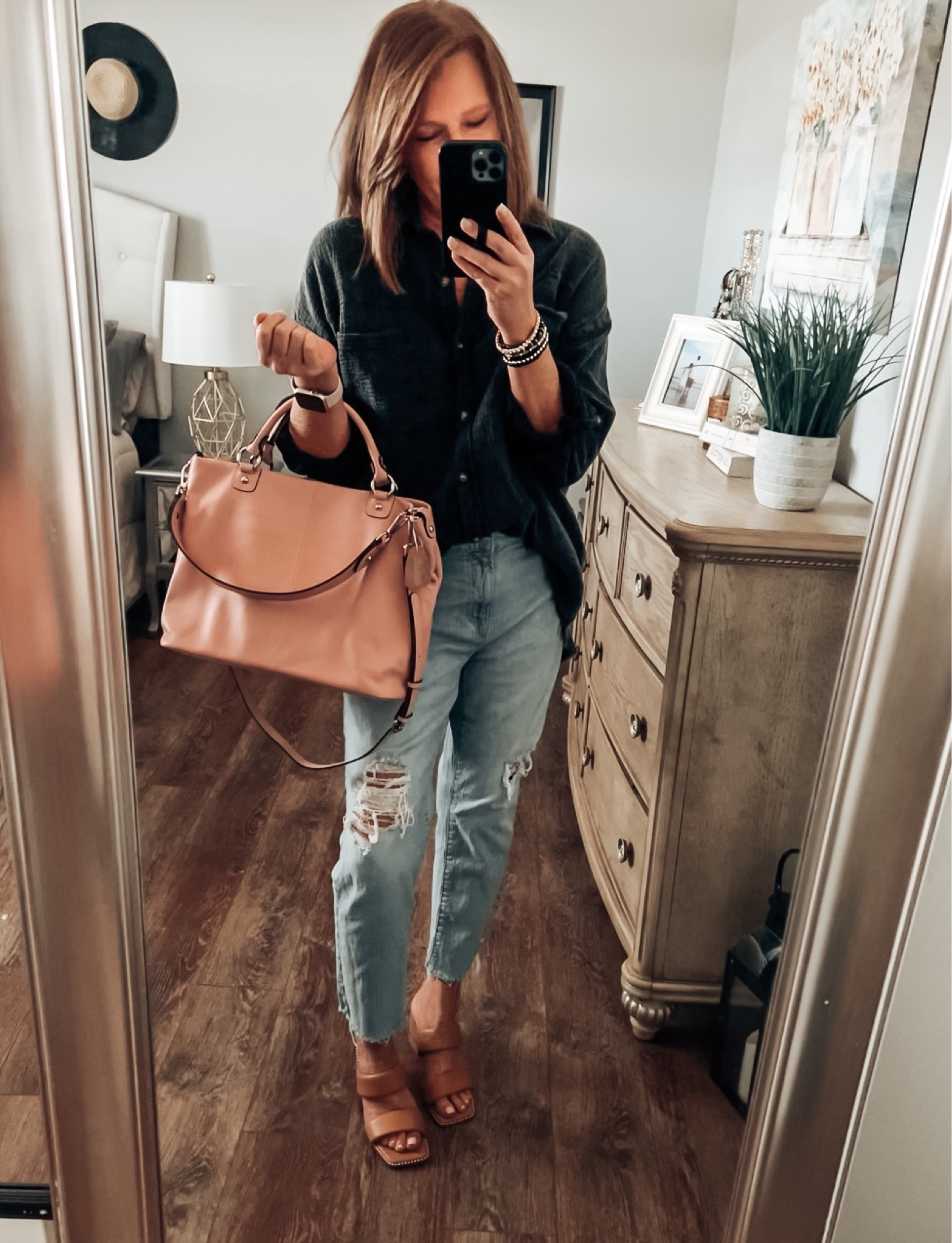 Jeans on sale at Gap Factory, fits tts. Gauze button down shirt styled with Steve Madden Harley sandals, fits tts. With the Kattee Genuine Leather Tote Bag, comes in more colors and sizes ( I have the large)

Outfit, everyday outfit, sale, amazon fashion, Amazon finds, spring sandals  block heels, casual outfit, weekend, date night outfit, casual dinner outfit, fashion over 40

#LTKsalealert #LTKstyletip #LTKunder50