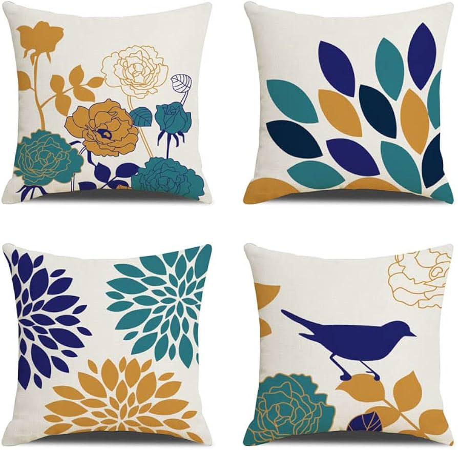 Vanwhoi VANWOI Blue and Yellow Throw Pillow Cover 18x18 inch 4-Piece Flower Throw Pillow Cover fo... | Amazon (US)