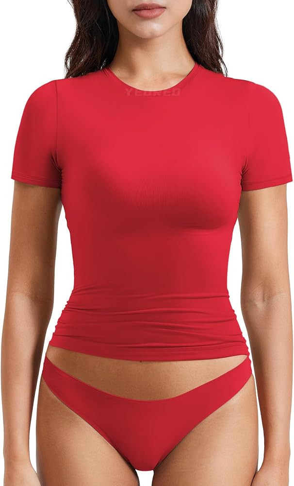 YEOREO Women Fitted Workout Tops Short Sleeve Double Lined Basic Y2K Going Out Crew Neck Compress... | Amazon (US)