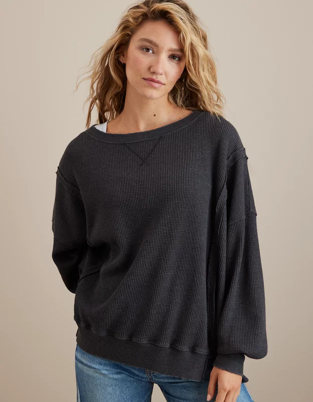 AE Oversized Big Hug Waffle Sweatshirt | American Eagle Outfitters (US & CA)