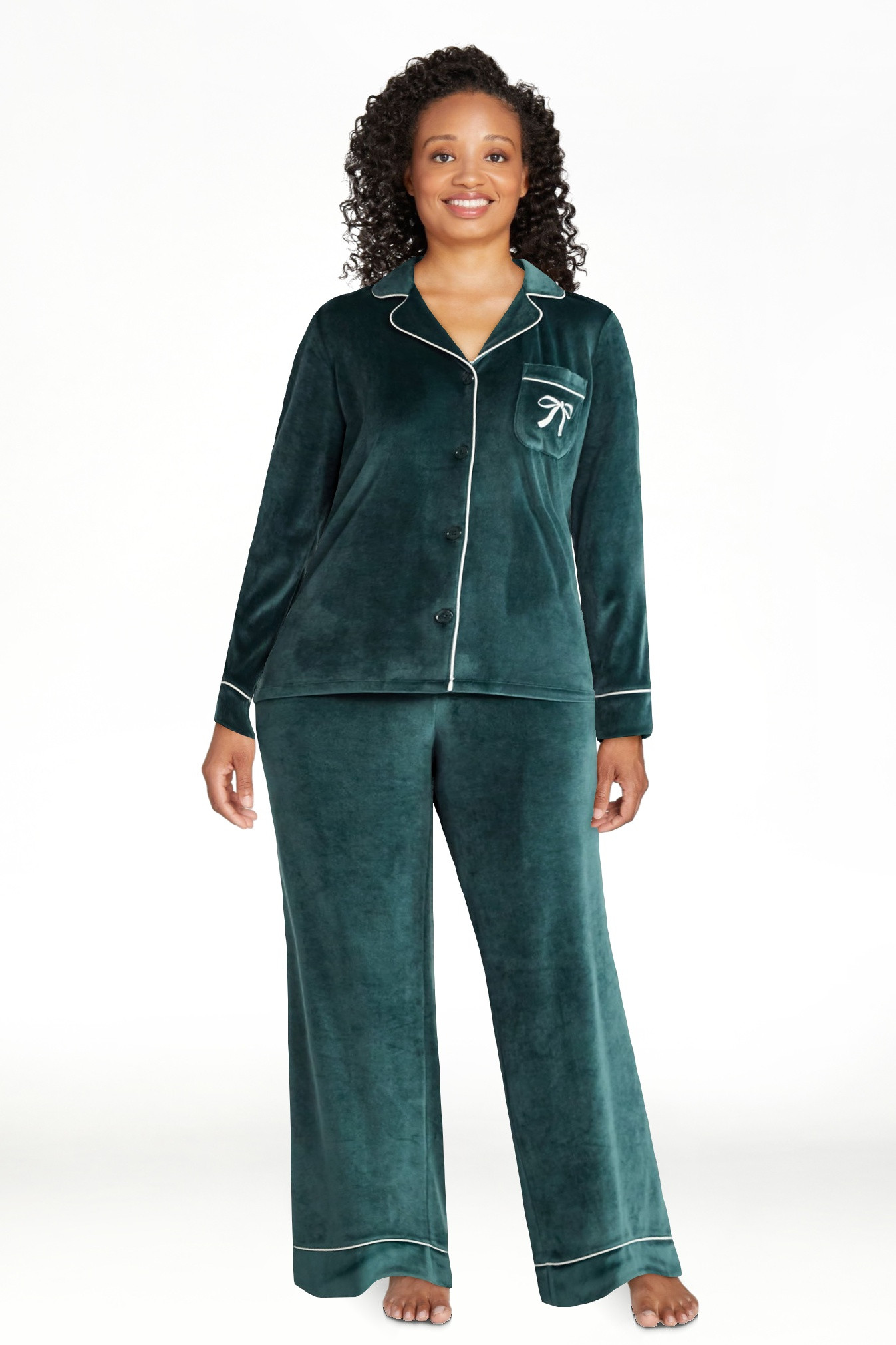 Joyspun Women’s Stretch Velour Notch Collar Long Sleeve Pajama Set, Sizes XS to 4X | Walmart (US)