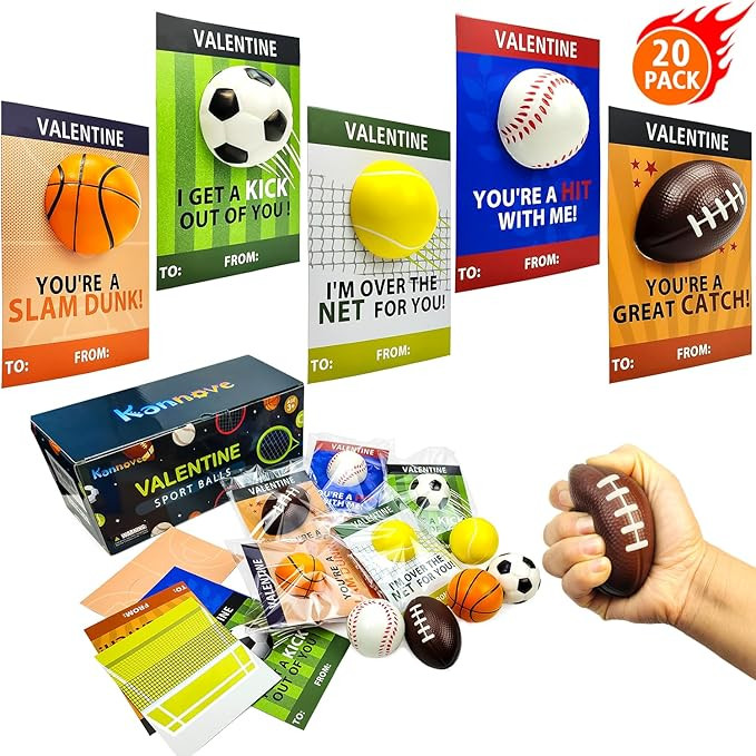 Valentines Day Sports Gifts Cards for Kids Classroom,20 Pack Foam Sport Ball Toys with Class Exch... | Amazon (US)