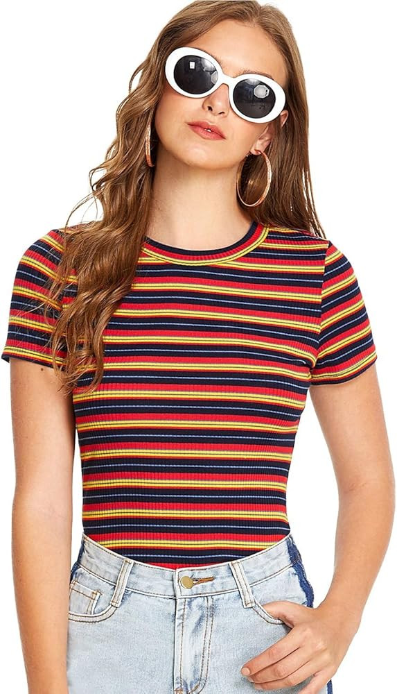 Milumia Women's Casual Multi Striped Ribbed Short Sleeve Solid Tee Knit Top | Amazon (US)