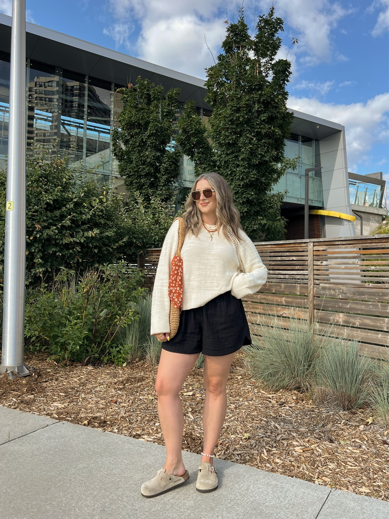 Easy summer to fall transitional outfit! Wearing L in the 100% cotton sweater. Shorts are old, linked similar. I’m a 9.5-10 shoe and wear a 40 in the Birkenstock clogs

#LTKsummer #LTKfall #LTKsale