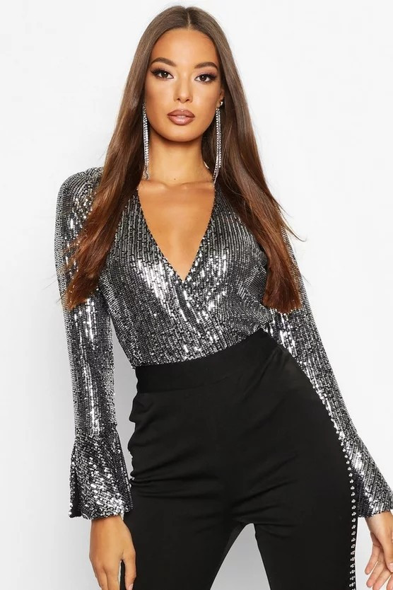 Sequin Wrap Ruffle Cuff Bodysuit | Boohoo.com (US & CA)