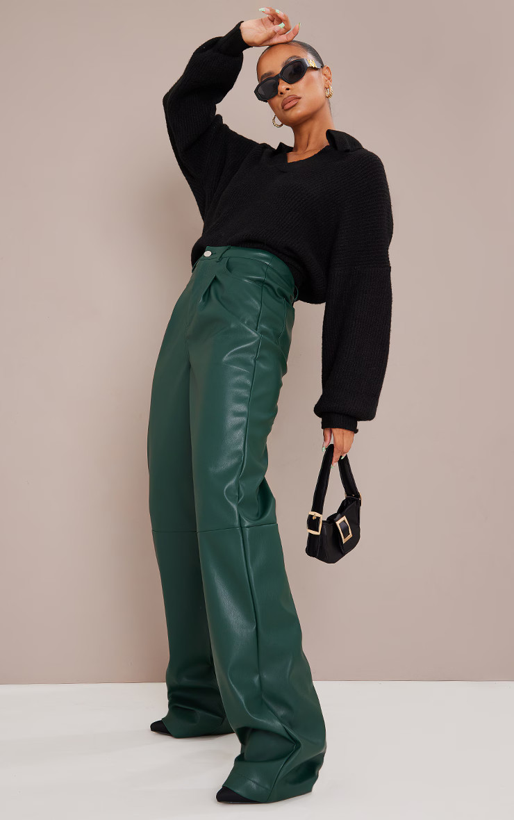 Bottle Green Faux Leather Pleat Detail Wide Leg Pants | PrettyLittleThing US