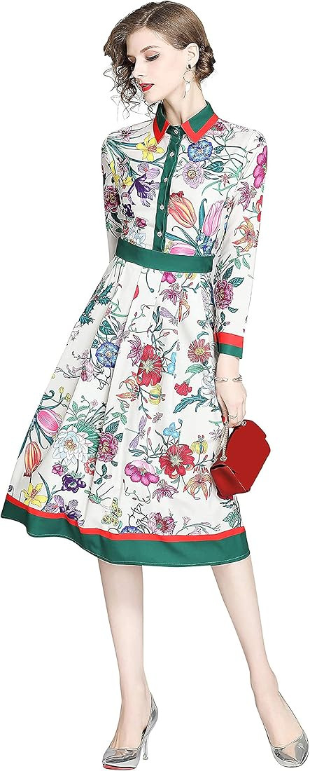 LAI MENG FIVE CATS Women's 3/4 Sleeve Floral Print Button up Casual A-line Flowy Midi | Amazon (US)