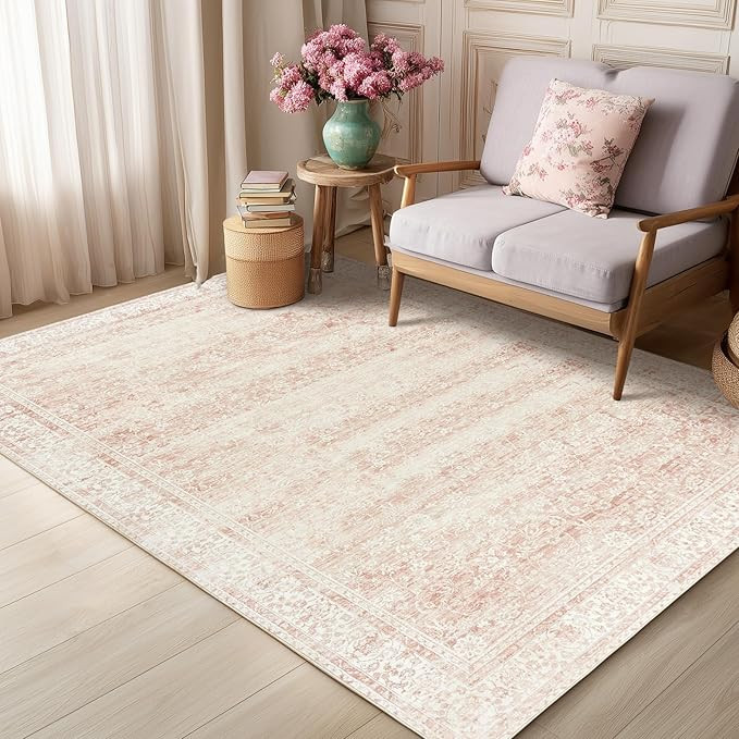 Vintage Pink Rug 4x6 Washable Non Slip Floral Aesthetic Indoor Rugs for Entryway Kitchen Low Pile... | Amazon (US)
