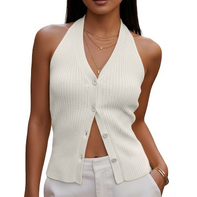 Women's Halter Sleeveless Cardigan Vest Button Front Ribbed Knit Slim Fit Casual Tank Top for Summer Daily Vacation Beige 2XL | Target