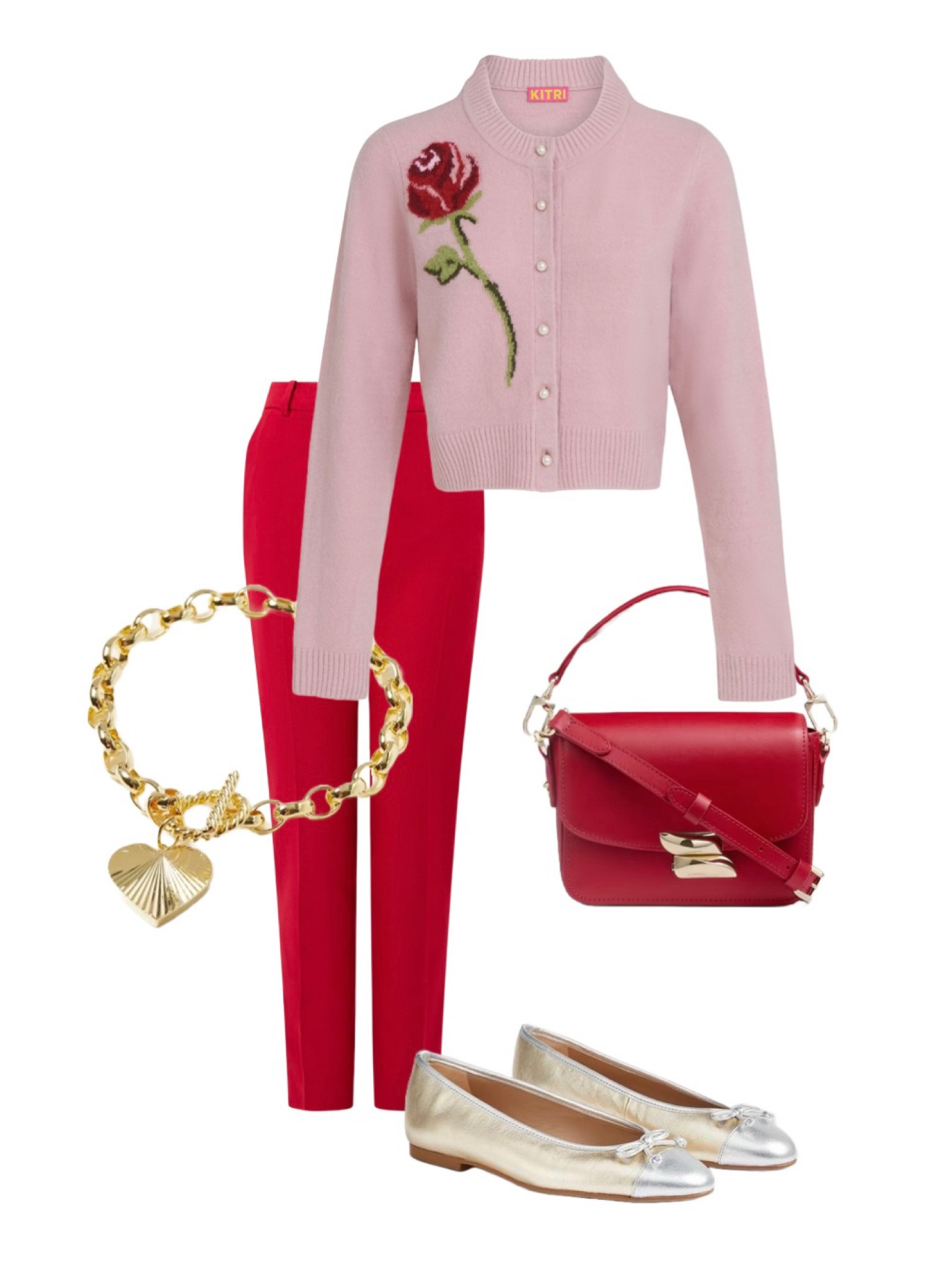 Date night outfit! Make the most of Valentine’s dressing by partnering this romantic pink cardigan with rose embroidery detailing by Kitri with the LK Bennett NEW SS25 Red Cigarette Trousers, Kara 2 tone gold & silver leather ballerina flats, and the NEW red Frankie red leather crossbody bag. Enjoy a 15% discount on all full price styles at LK Bennett London with my discount code: REBECCALIPKINAUTHOR15 Finally, add this cute gold heart bracelet by Oliver Bonas. Check out the products for more inspiration ❤️ 

#LTKuk #LTKdatenight #LTKeurope