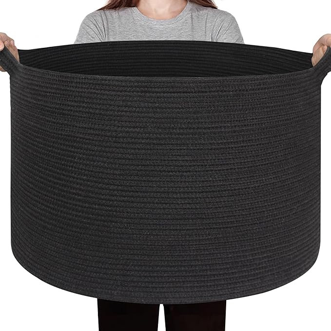 Large Black Blanket Basket, 22"x14" Woven Cotton Rope Baskets for Organizing, Kids Dog Toy Bin Bo... | Amazon (US)