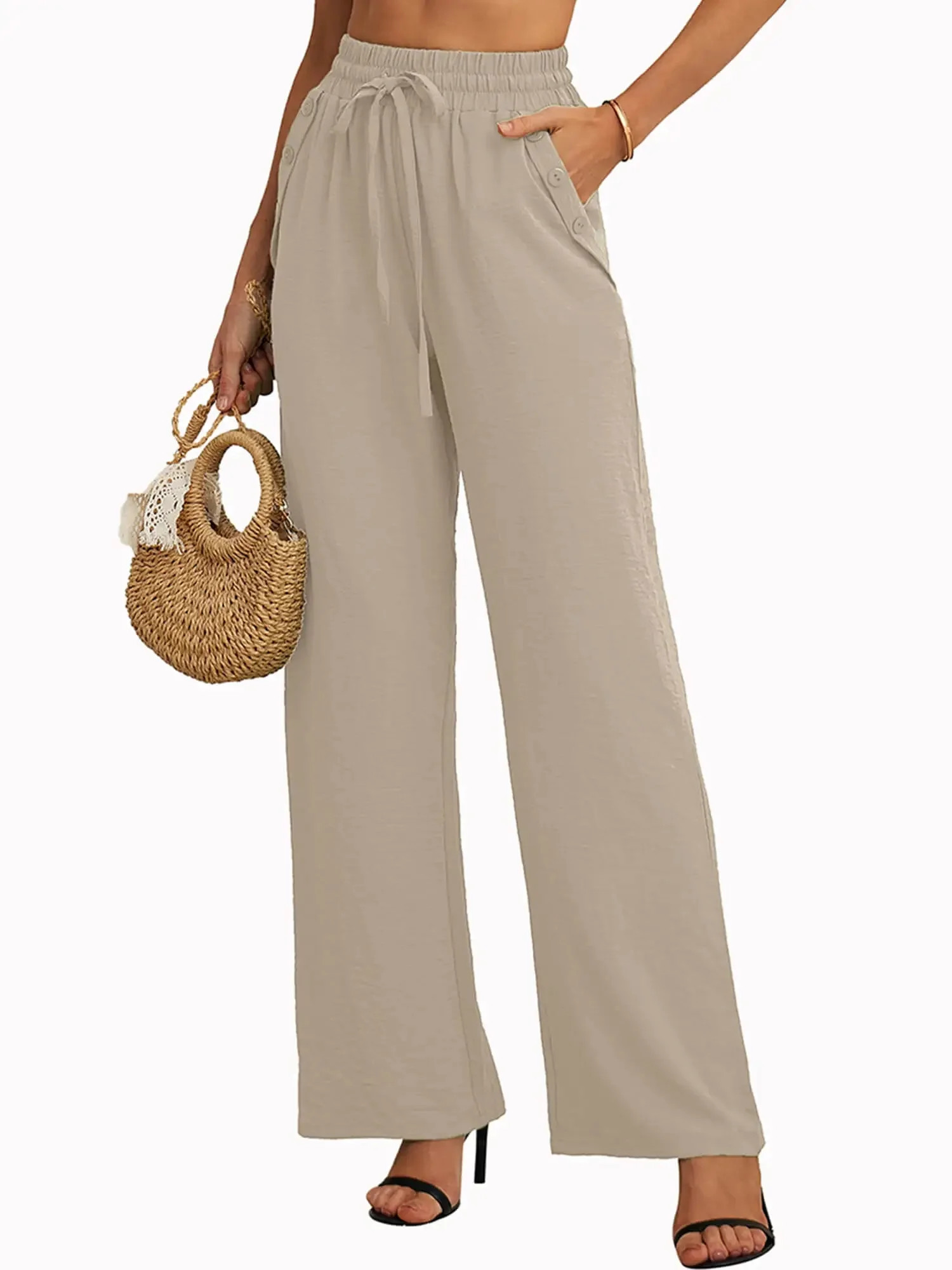 SHOWMALL Women's Pants High Waisted Pants Light Khaki L Casual Loose Trousers with Slant Pockets ... | Walmart (US)