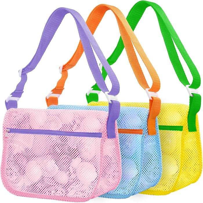 Mesh Beach Bags for Sand Toys - 3 Pack Seashell Collecting Bags with Adjustable Straps, Kids Beac... | Amazon (US)