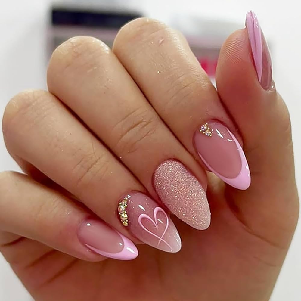 24Pcs Almond Pink Press on Nails Medium French Tip Fake Nails with Glitter Diamond Designs Cute V... | Amazon (US)