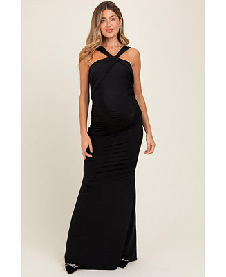 Maternity Black Twist Front Ruched Maxi Dress | Macy's