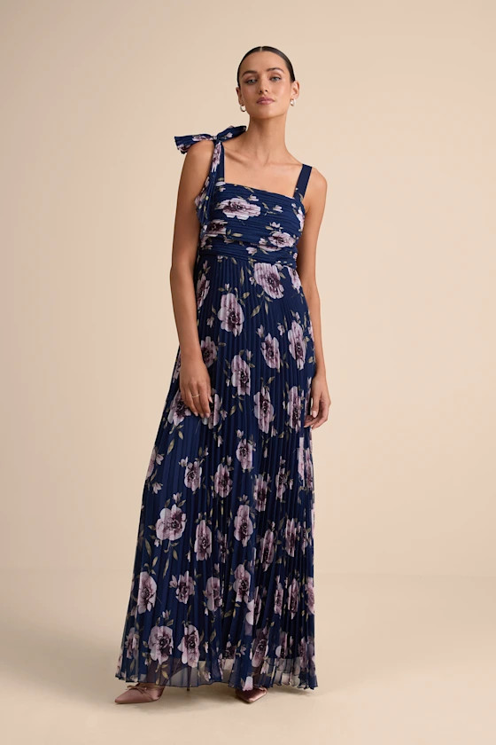Gorgeous Purpose Navy Floral Pleated Sleeveless Bow Maxi Dress | Lulus
