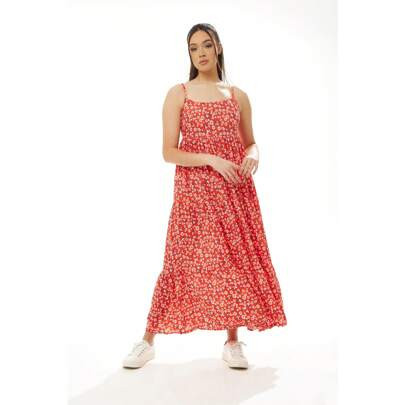 Women's Maxi Dress, Red Floral Print, Sleeveless Smock Design, Elegant Summer Flow | SHEIN