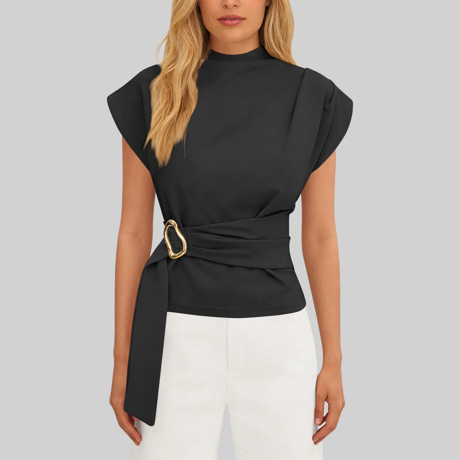 VEKDONE Women Dressy Blouses Summer Cap Sleeve Mock Neck Work Shirts Stretch Slim Fit Tunic Tops ... | Walmart (US)