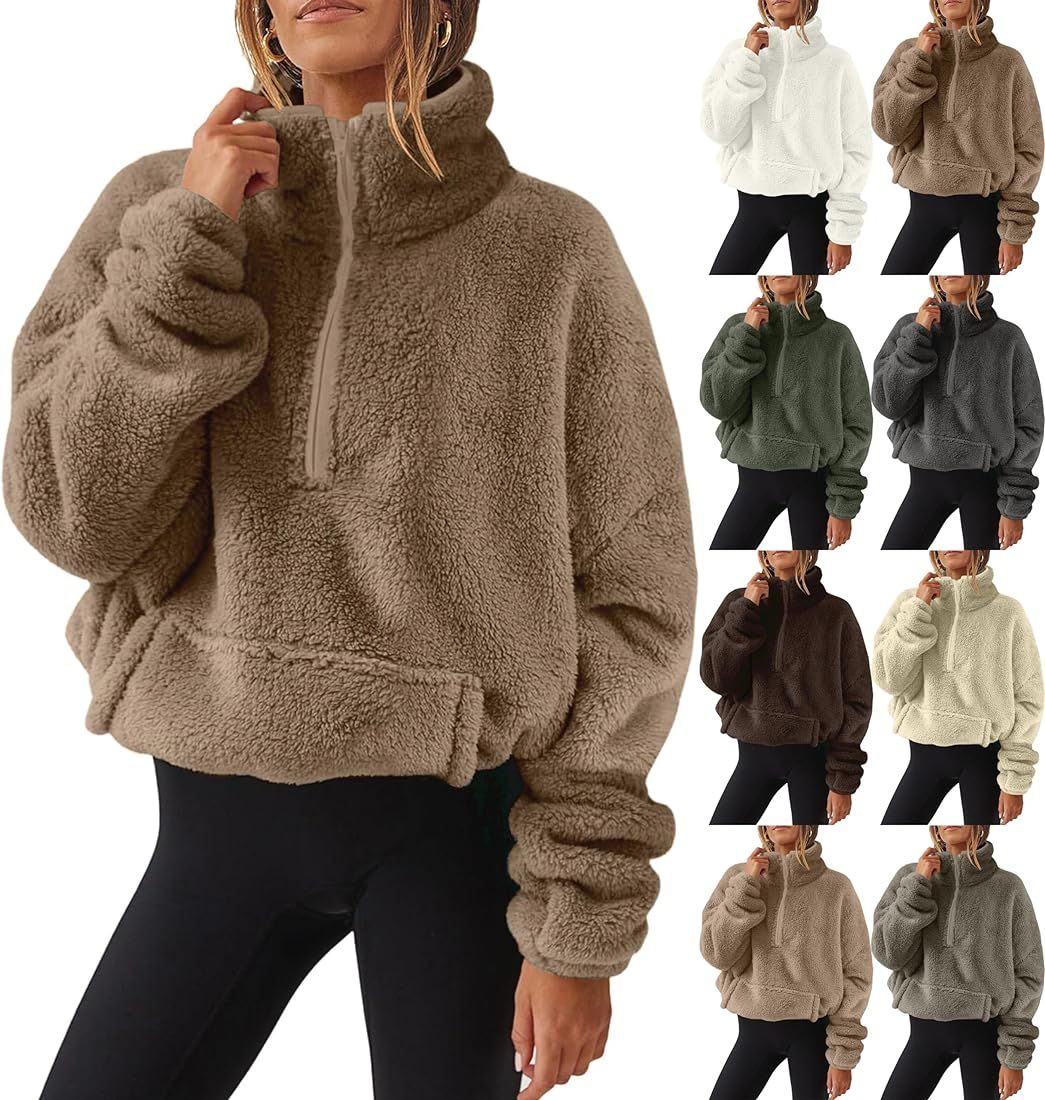 hayudier Womens Sherpa Half Zip Sweatshirts Oversized Pullover Long Sleeve Quarter Zip Up Hoodies... | Amazon (US)