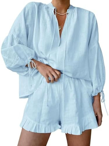 Womens Ruffle Pajamas 2 Piece Cotton Linen Shorts Sets Long Sleeve Tie Front Vacation Outfits Mat... | Amazon (US)