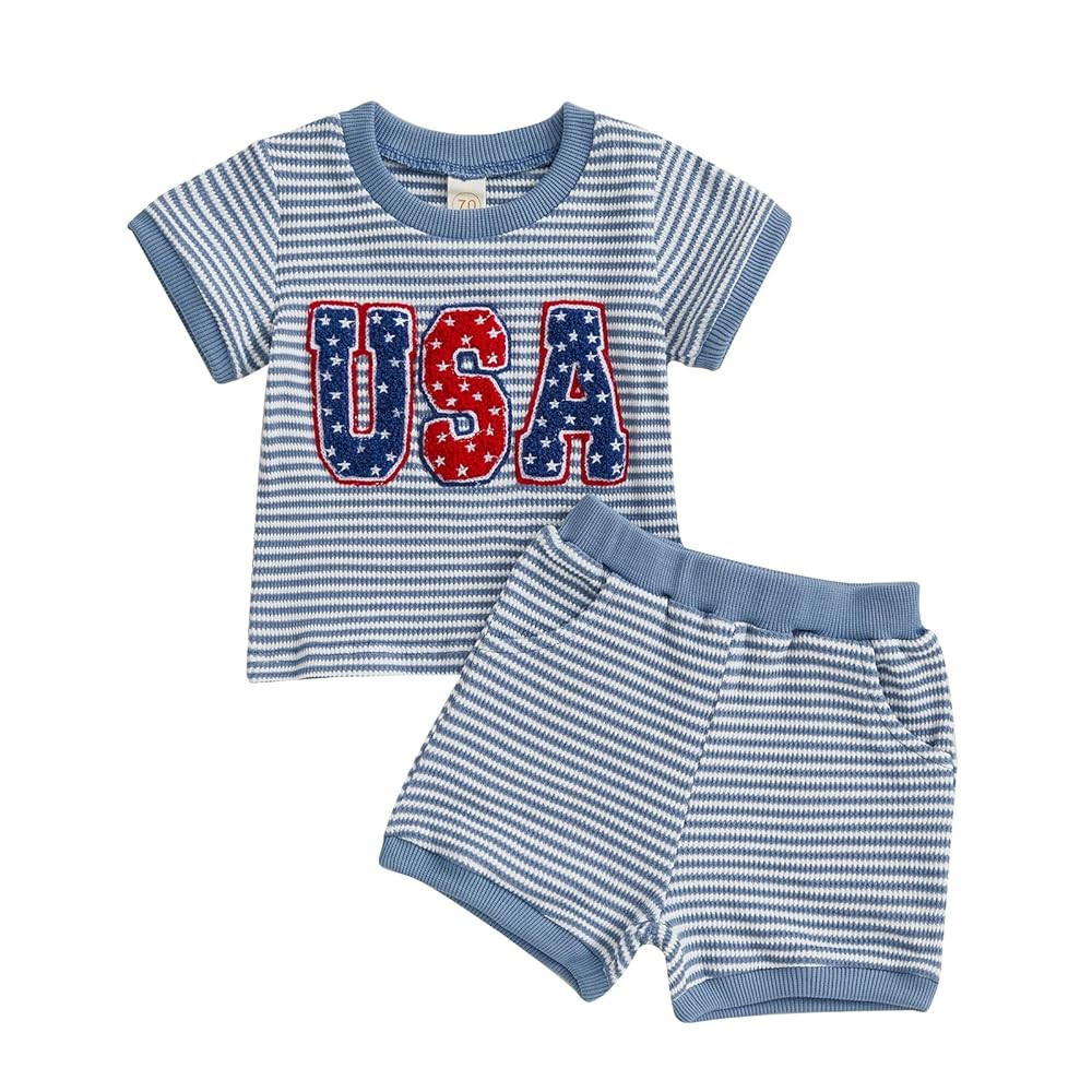 Karuedoo 4th of July Toddler Baby Boy Outfit USA Flag Embroidery Stripe Waffle Knit Short Sleeve ... | Amazon (US)