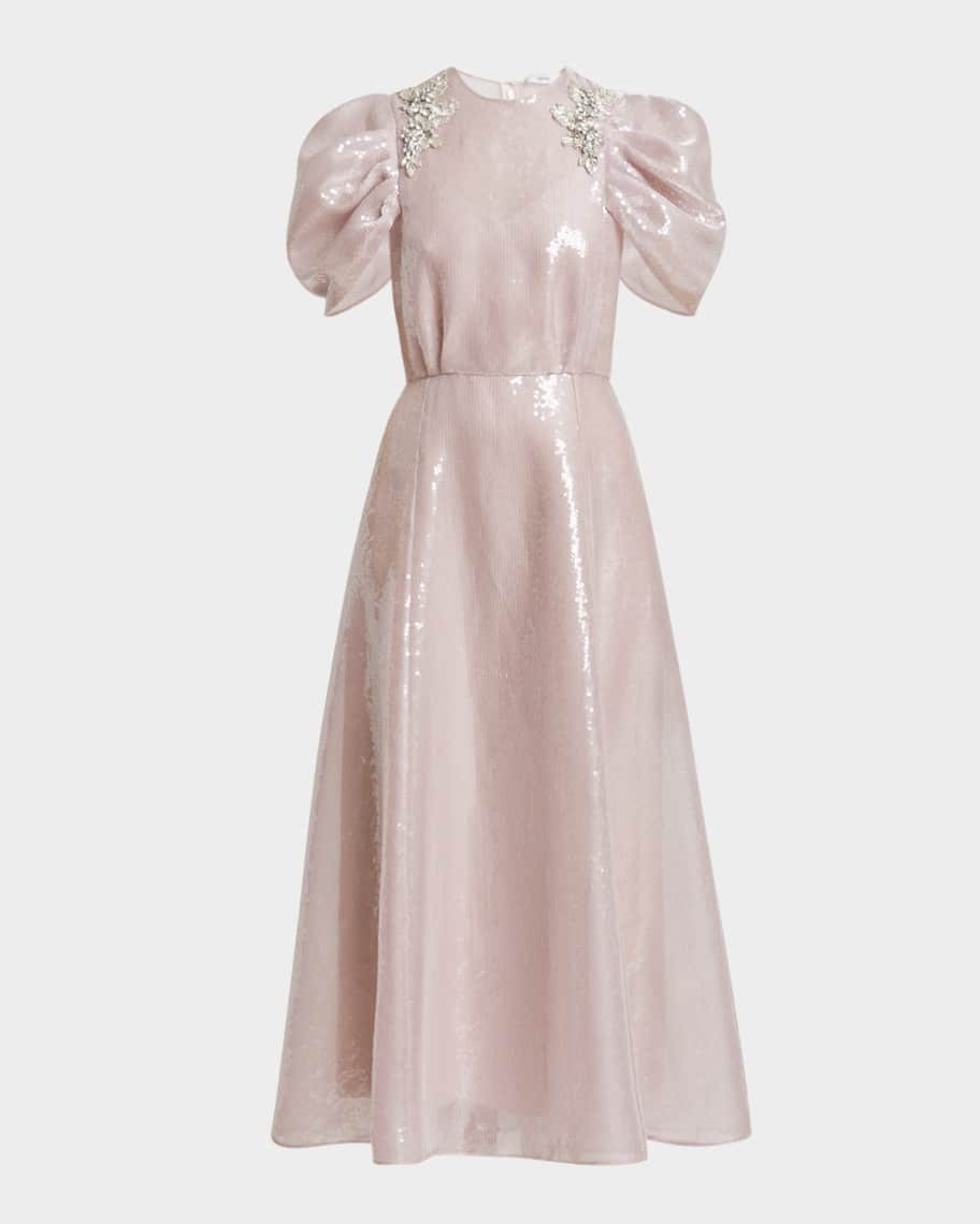 Erdem Crystal Sequined Puff-Sleeve Midi Cocktail Dress | Neiman Marcus
