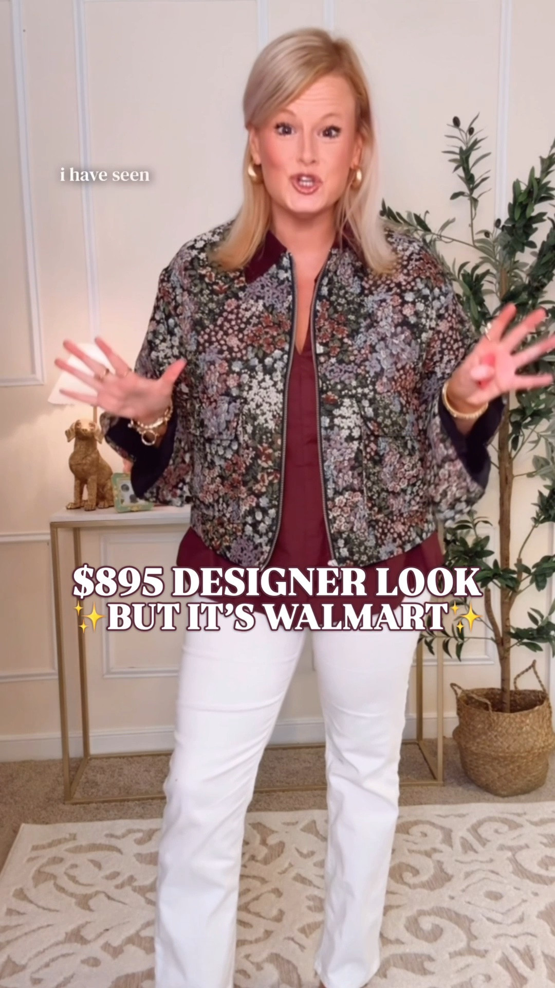 Walmart fall fashion | $895 designer look for less | floral jacquard jacket | barn jacket outfit

This is the kind of designer DNA find that knocks my socks off. Walmart's Free Assembly took the visual formula of the $895 MSGM cropped floral jacquard jacket and did similar with a Walmart price tag: dimensional tapestry florals on a dark ground, dusty jewel tone blooms, a relaxed cropped utility silhouette, flap pockets and silver hardware. They have a fashion designer as their creative director and it SHOWS. 🔥

And the PLUM corduroy collar!!!!!! 💜My favorite detail. The rich contrast against those woven antique garden florals makes the MSGM connection clear, while the romantic jacquard gives a little Valentino. Floral jacquard meets the barn and chore jacket trend, and I love this combination for fall 2026.

I’m in a medium. Fit is true to size with a semi cropped length. Go up if you want more length. It is lightweight, lined and machine washable, with a zip front and two snap flap patch pockets.

The matching mini skirt is sold separately and brings the $210 Sandro Dariane skirt look through its fitted A line silhouette, dark floral jacquard and muted jewel tone palette. One Walmart set, three designer worlds... for way less. 

Wear the jacket with white denim now, then dark jeans, trousers or the matching skirt for teacher outfits, business casual workwear, date night outfits and fall events. It earns closet space by carrying summer outfits into cooler fall days.

Walmart jacket, Free Assembly jacket, floral barn jacket, women’s chore jacket, cropped utility jacket, tapestry jacket, fall jacket women, matching set outfit, work outfits, fall outfits women, MSGM look for less, Valentino inspired jacket, Sandro skirt look for less 

#LTKFindsUnder50 #FallJacket #BarnJacket #FloralJacket #WalmartFinds #WalmartStyle #PreppyStyle #LookForLess #FreeAssembly #GoingViral

#LTKSeasonal #LTKWorkwear #LTKPetite