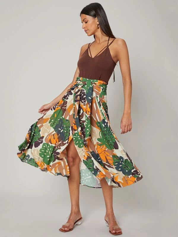 SHEIN Viscose Tropical Flowy Belted Skirt | SHEIN