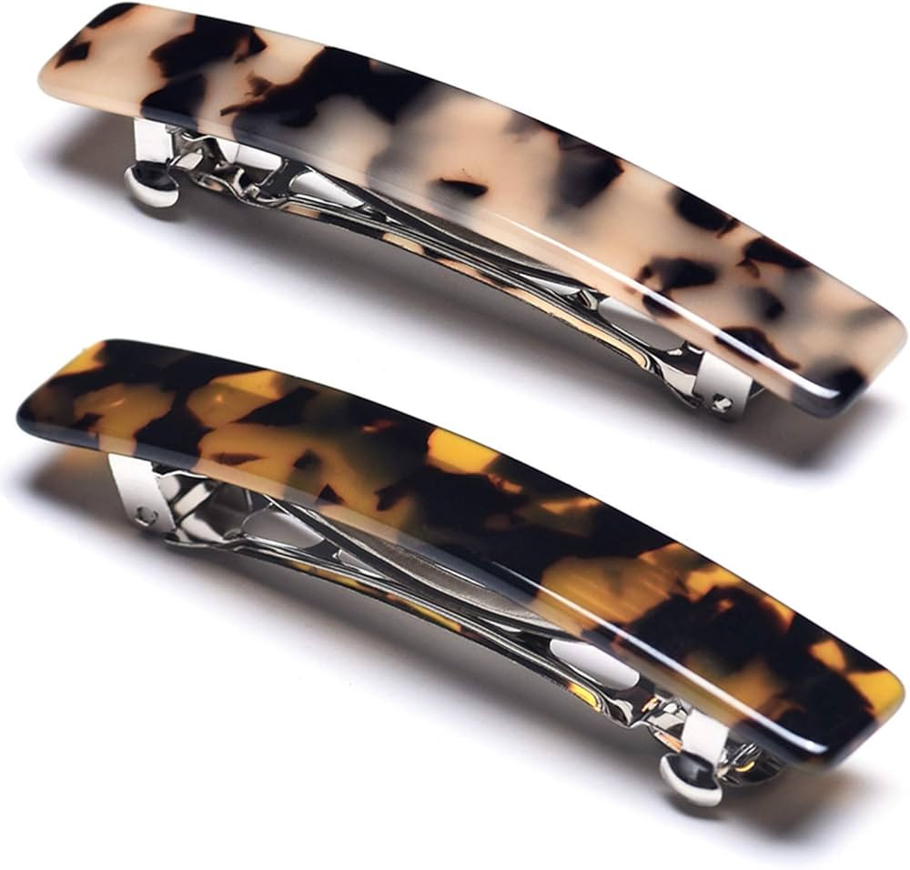 2PCS French Design Hair Barrette Tortoise Shell Celluloid Rectangle Hair Clips for Women Small | Amazon (US)