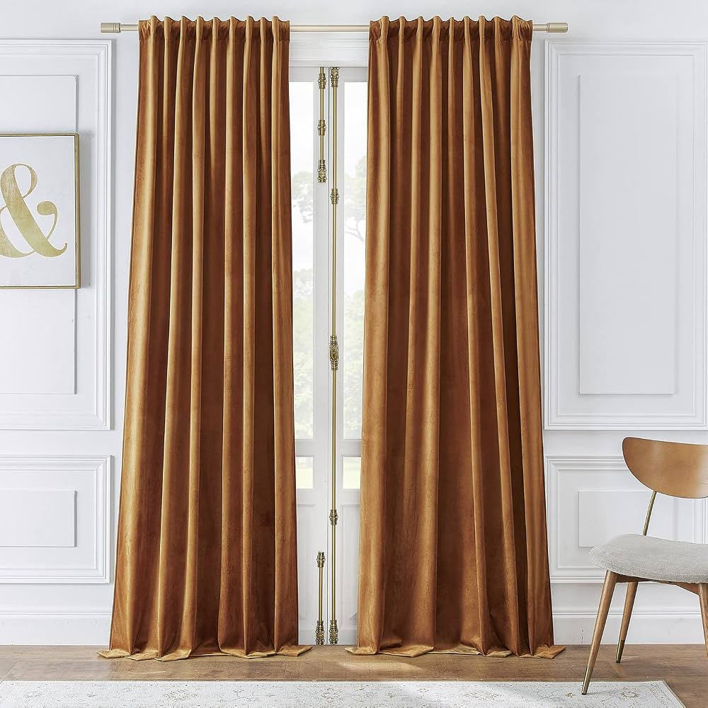 Timeper Velvet Curtains for Bedroom Light Blocking Gold Brown Curtains 90 inches, Back Tab & Rod ... | Amazon (US)