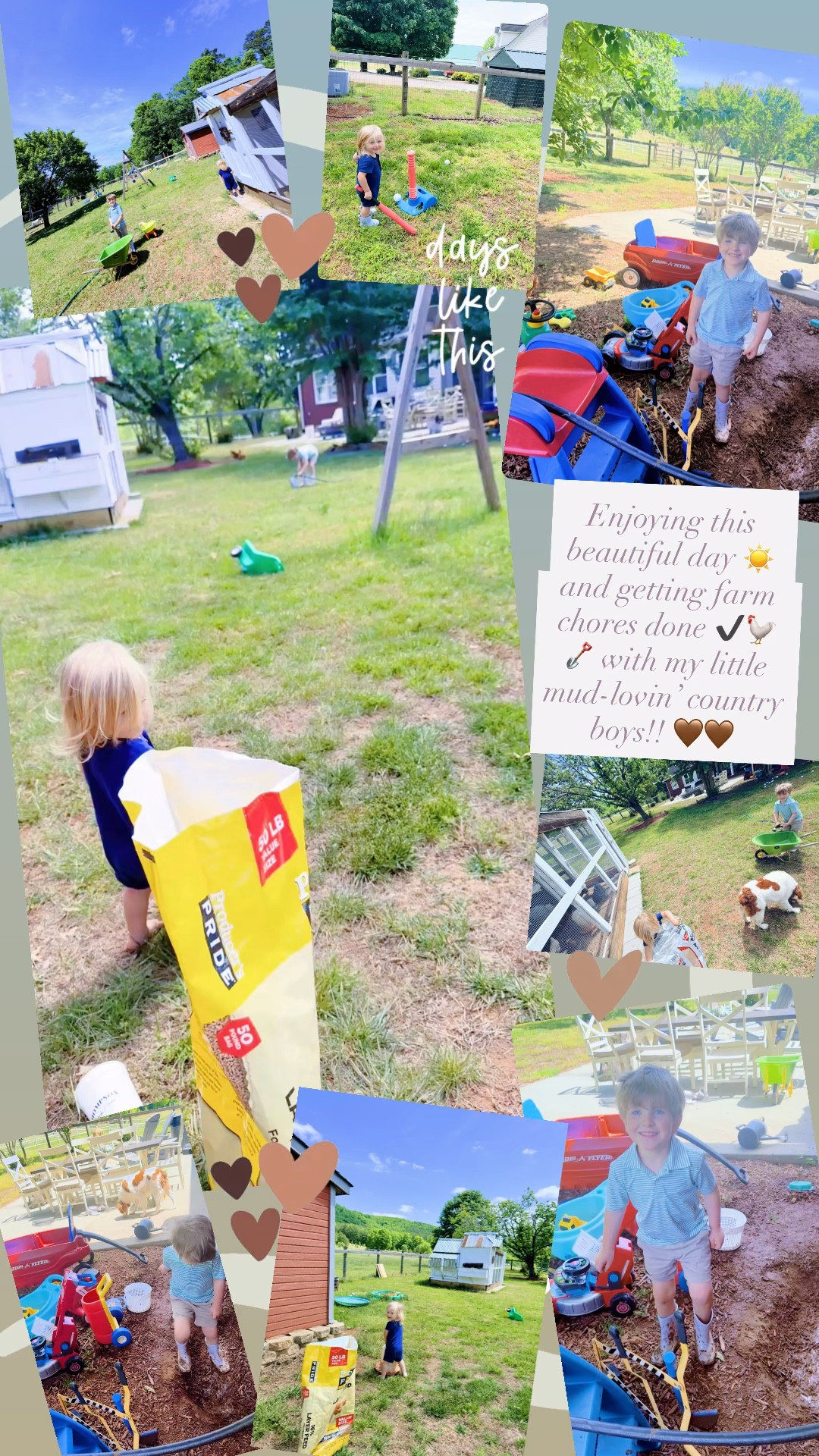 Enjoying this beautiful day ☀️ and getting farm chores done ✔️🐓🪏 with my little mud-lovin’ country boys!! 🤎🤎