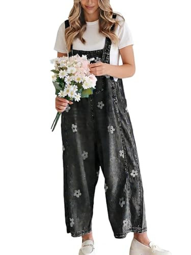 utcoco Women Floral Printed Adjustable Strap Denim Bib Overall Wide Leg Jeans Casual Baggy Overalls Jumpsuit (Small, Black) | Amazon (US)