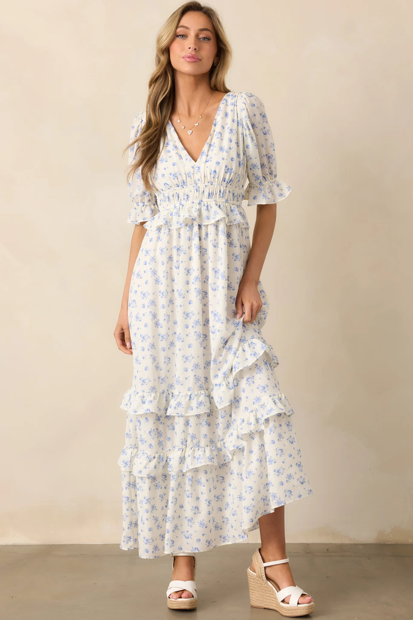 Tulip Tea Time Ivory Floral Ruffle Maxi Dress | Red Dress
